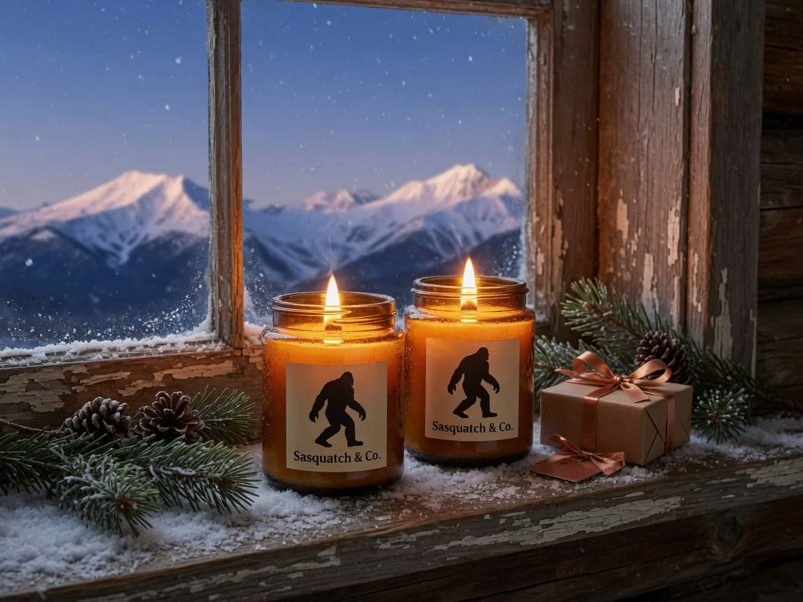 Holiday Hearth 9 oz wooden-wick candles, hand-poured in Flagstaff, on a snowy cabin windowsill